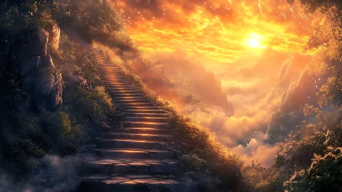 Sunlit mountain steps leading toward a glowing sky path.