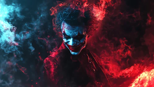 Sinister clown engulfed in dual red and cyan flames.