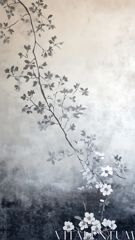 Monochrome floral branch ascends across textured gradient ground
