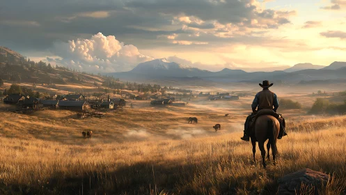 Golden hour cowboy gazes over a peaceful frontier valley