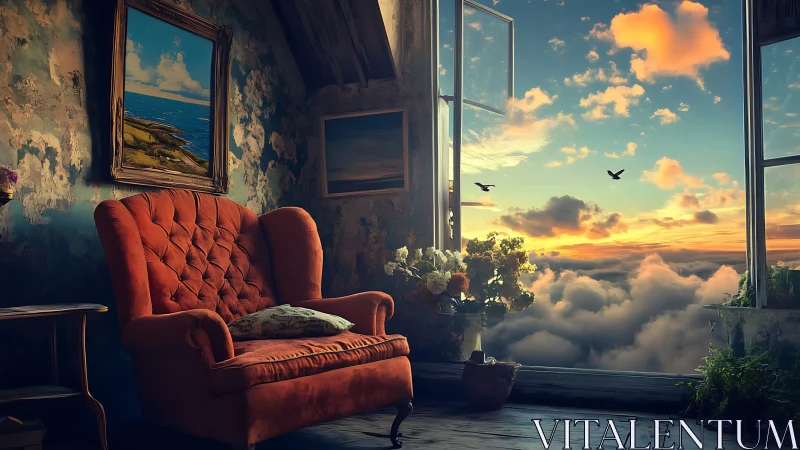 Aerial threshold interior with atmospheric cloud horizon portal.