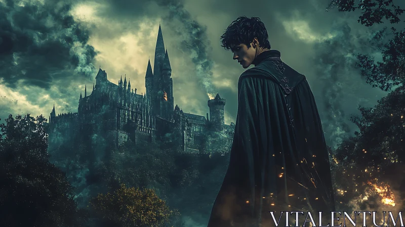 Storm-lit sorcerer turns from a burning gothic citadel