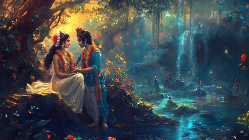 Mythic couple sits by luminous forest river at dusk