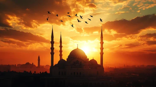 Mosque silhouette stands against vivid orange sunset sky