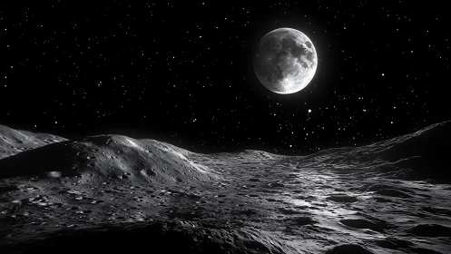 Lunar regolith rendered in stark contrast under distant Earth