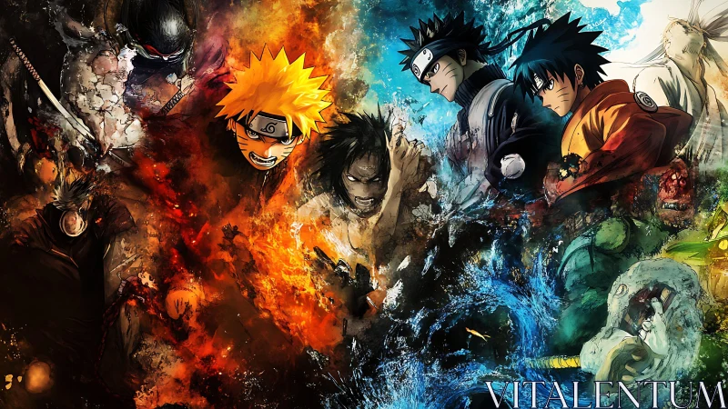 Anime elemental clash with fiery and aquatic bilateral layout.