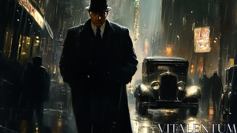 Man in trench coat walks through rain on 1930s city street