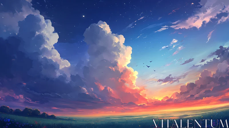 Sunset storm clouds split dusk sky with vivid gradients.