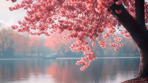Gentle cherry blossoms drifting over a quiet spring lake.