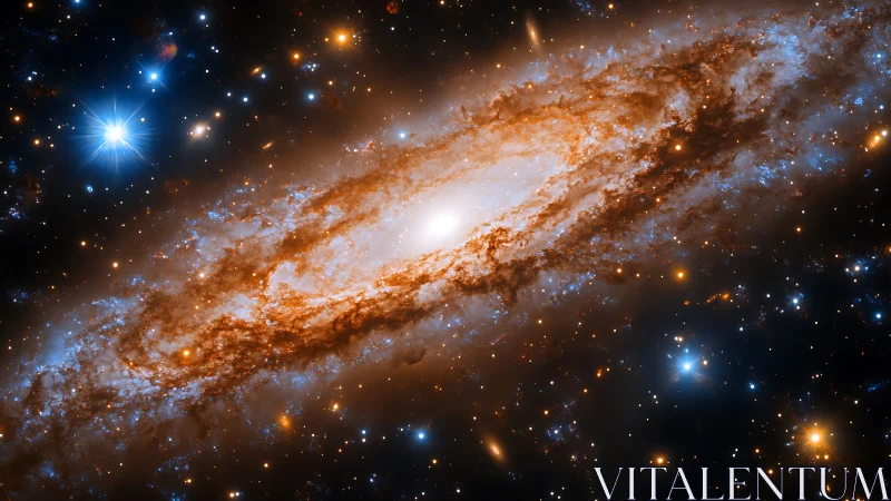 Spiral galaxy ignites starry seas in copper and blue bloom.