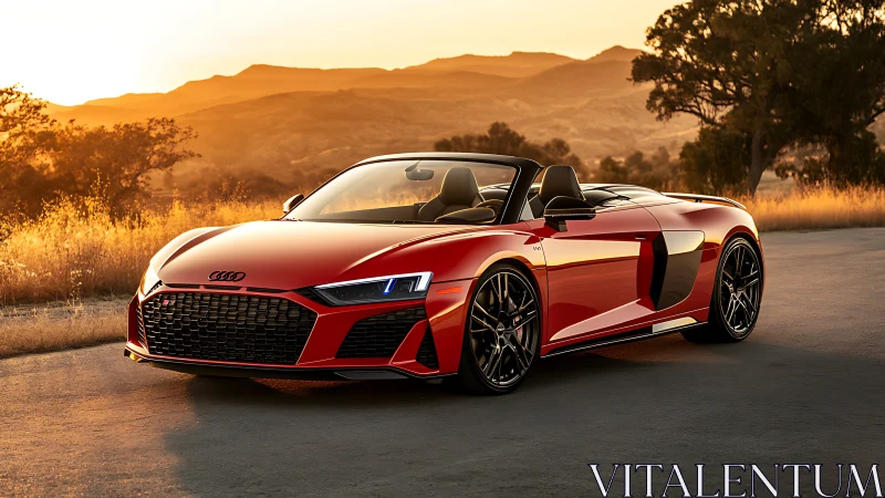 Red convertible sports car is parked on a rural roadside
