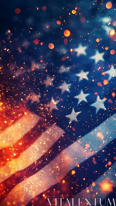 US flag fabric closeup with dynamic bokeh sparks overlayed