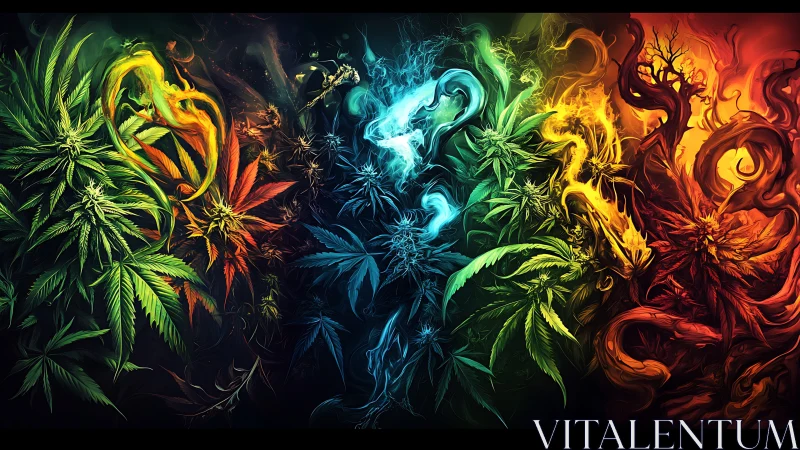 Elemental cannabis triptych in luminous digital painting style.