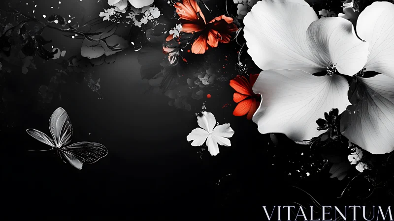 Monochrome Bloom Symphony. Vibrant Red Accents.