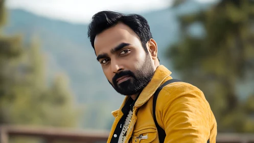Warm portrait of a thoughtful man in a yellow jacket outdoors