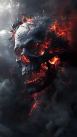 Burning lava skull erupting through dark storm clouds.