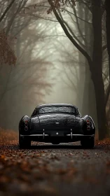 Classic black coupe on wet forest road in autumn fog.