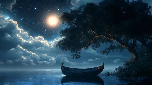 Moonlit wooden boat rests under luminous tree branches