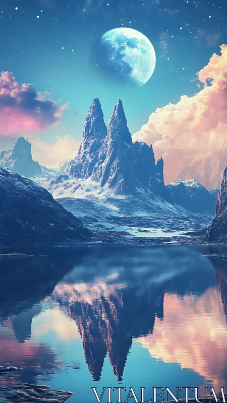 Bimodal spire mountains reflected in glacial lake under enlarged moon