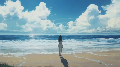 Backlit lone figure observes stratocumulus sky over calm shore