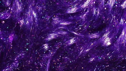Macro detail of iridescent purple tinsel strands with glitter highlights