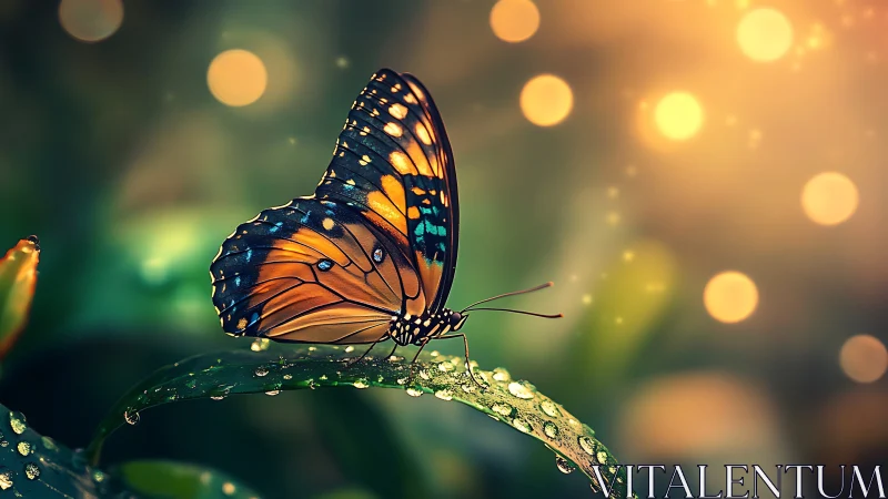 Butterfly on dew covered leaf in soft defocused background.