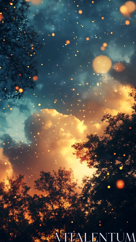 Magical forest canopy glowing with golden bokeh lights.