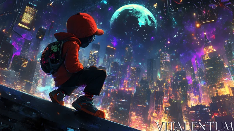 Young dreamer gazes over neon city beneath a glowing moon
