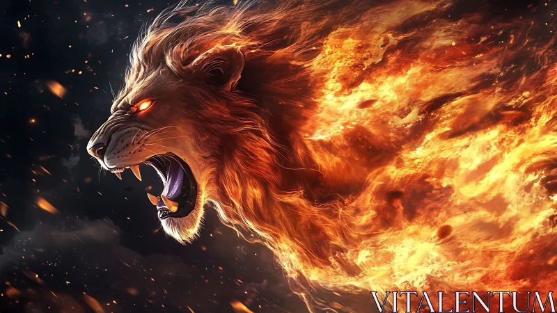 Blazing lion spirit roaring through a storm of living fire.