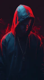 Hooded figure in red and blue rim lighting portrait study.