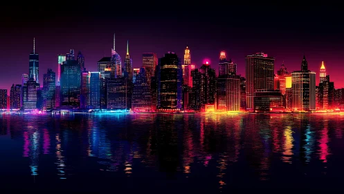 Neon-drenched waterfront skyline with reflective night city lights.