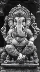 Stone sculpture of seated Ganesha with ornate adornment.
