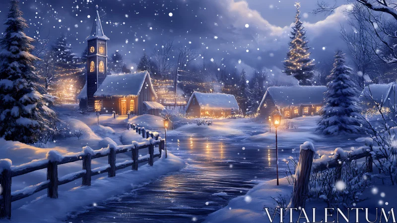 Snow covered village with church and frozen river at night