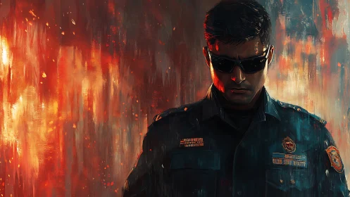 Stoic security officer framed by abstract burning backdrop.