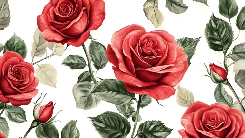 Red Roses with Green Leaves on White Background