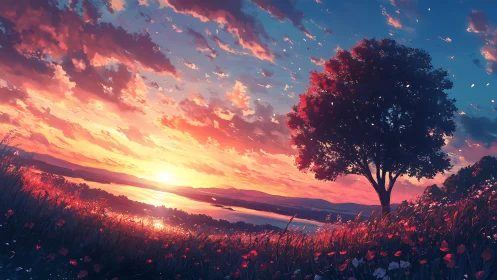 Golden sunset by a quiet lake under a lone blooming tree.