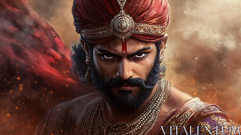 Warrior king stares forward with jeweled crown and crimson turban