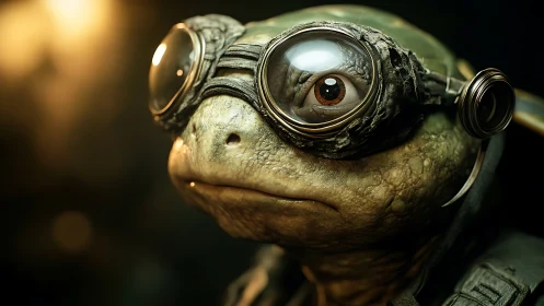 Close-up view of anthropomorphic turtle in flight goggles.
