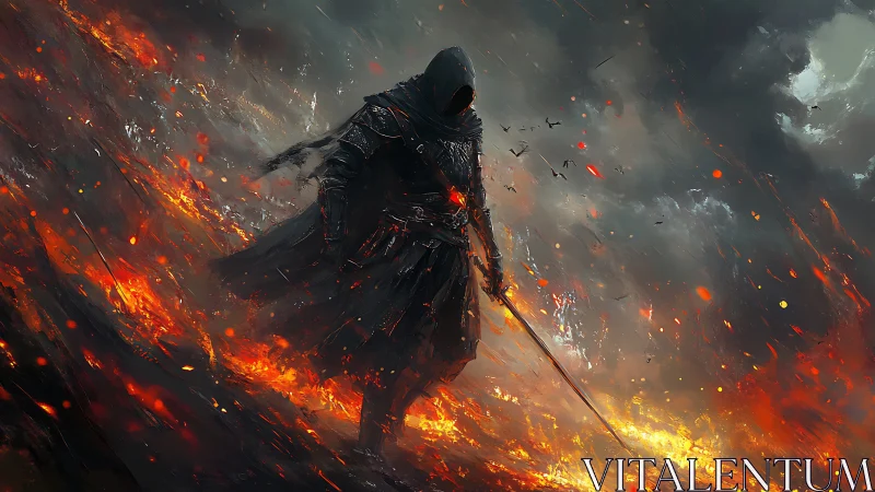 Volcanic battlefield wraith in ember-saturated armor stride.