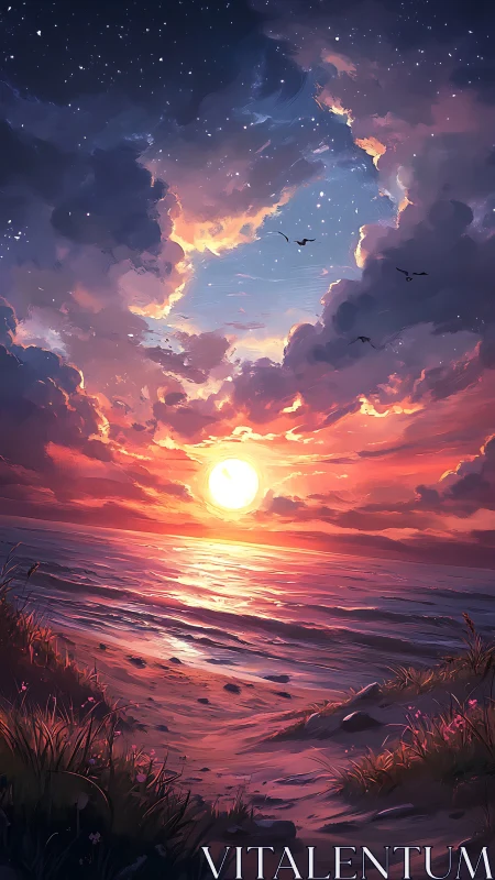 Dramatic digital sunset over ocean shore with clouds.