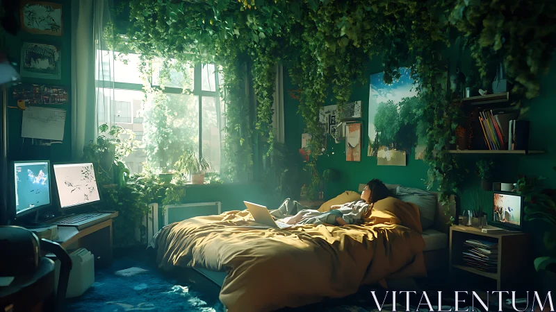 Biophilic bedroom workspace with dual monitors and window light