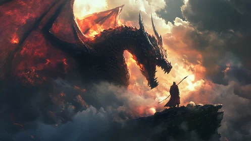 Blazing sky dragon confronts lone ember-robed archer hero.