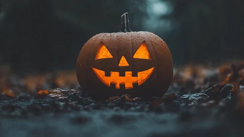 Rain-kissed jack-o-lantern grinning through autumn dusk.