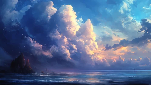 Stormlit cloud cathedrals rising above a twilight sea.