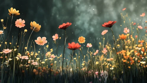 Floral field with layered depth and atmospheric haze.