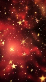 Luminous golden snowflakes drifting across radiant red nebula.