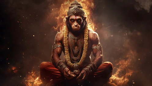 Fiery monkey warrior meditates in glowing sacred stillness.