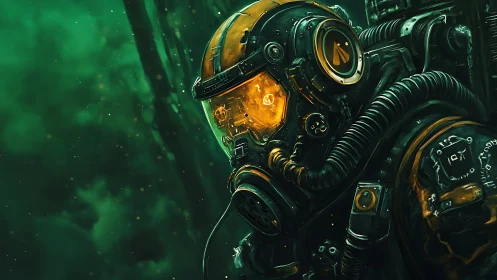 Cybernetic deep-sea diver in luminescent exosuit helmet