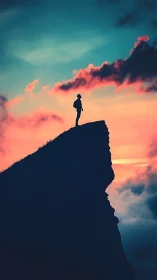 Silhouetted hiker atop cliff against cyan and coral dusk sky.