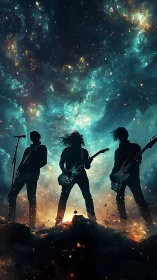 Silhouetted rock trio performing under luminous nebula sky.